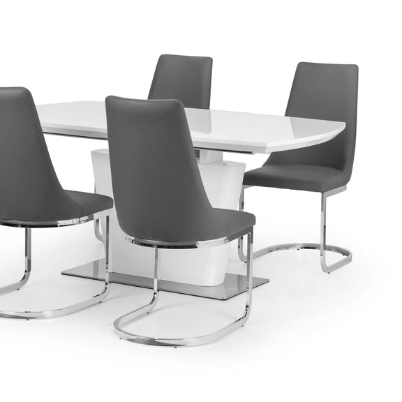 Dining table set with four gray chairs on a white background
