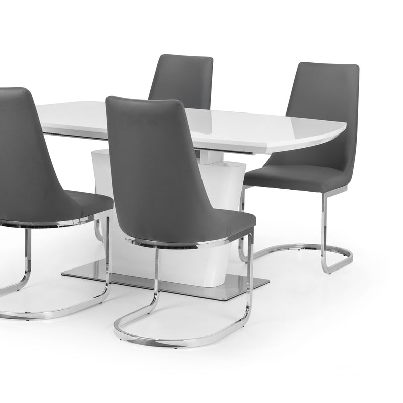 Dining table set with four gray chairs on a white background