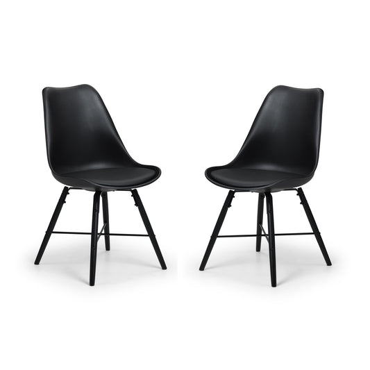 Two black chairs with metal legs on a white background