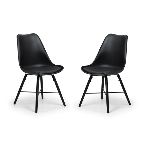 Two black chairs with metal legs on a white background