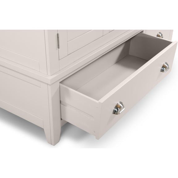 Light gray wooden dresser with an open drawer on a white background