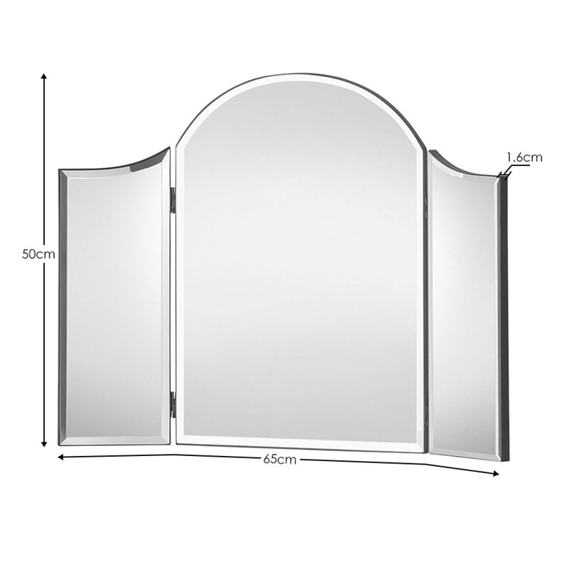 Measurement chart of a three-panel mirror with dimensions labeled.