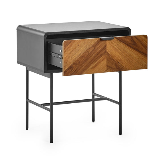 Side table with a wooden drawer and gray top on a white background