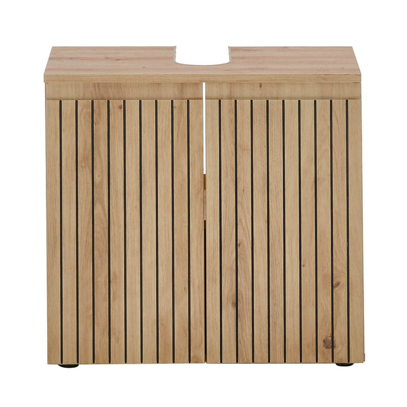 Wooden laundry basket with slatted design on a white background