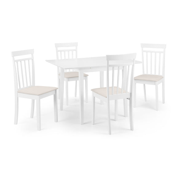 White dining table set with four chairs on a white background