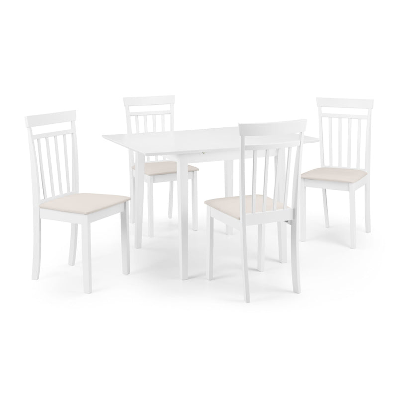 White dining table set with four chairs on a white background