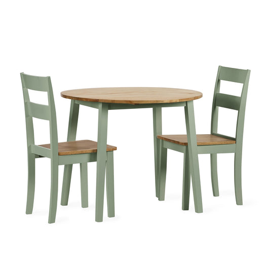Round wooden table with two matching green chairs on a white background
