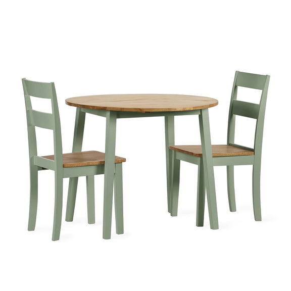 Round wooden table with two matching green chairs on a white background