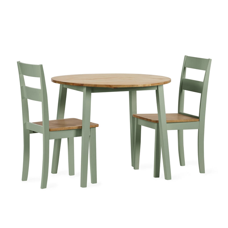 Round wooden table with two matching green chairs on a white background