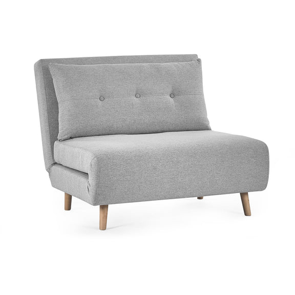 Gray upholstered chair with wooden legs on a white background