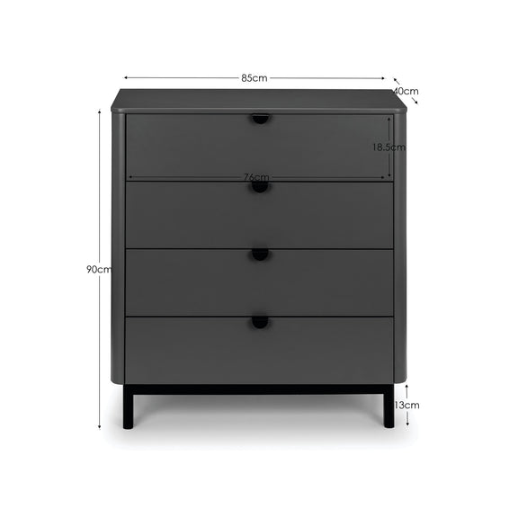 Black dresser with dimensions labeled on a white background