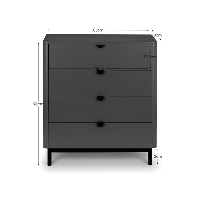 Black dresser with dimensions labeled on a white background