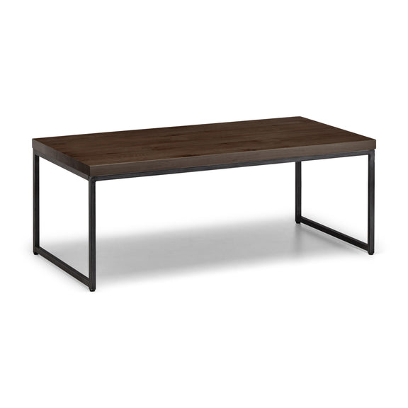 Wooden table with black metal legs on a white background