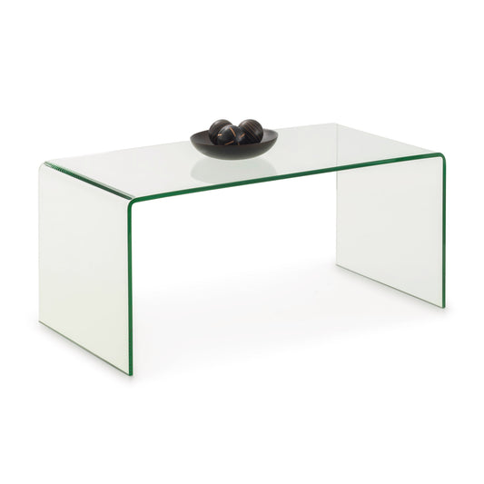 Clear glass coffee table with a black decorative item on a white background