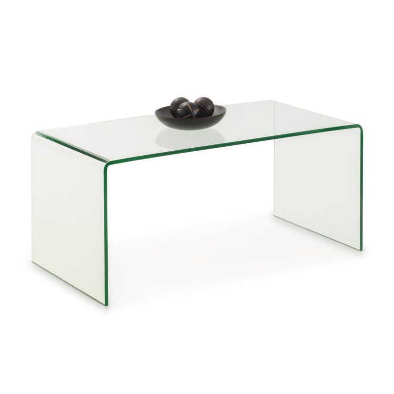 Clear glass coffee table with a black decorative item on a white background