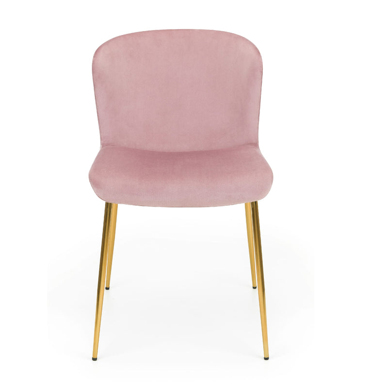 Pink velvet chair with gold legs on a white background