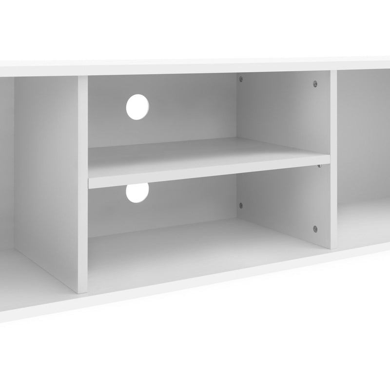 White shelf unit with two shelves on a white background