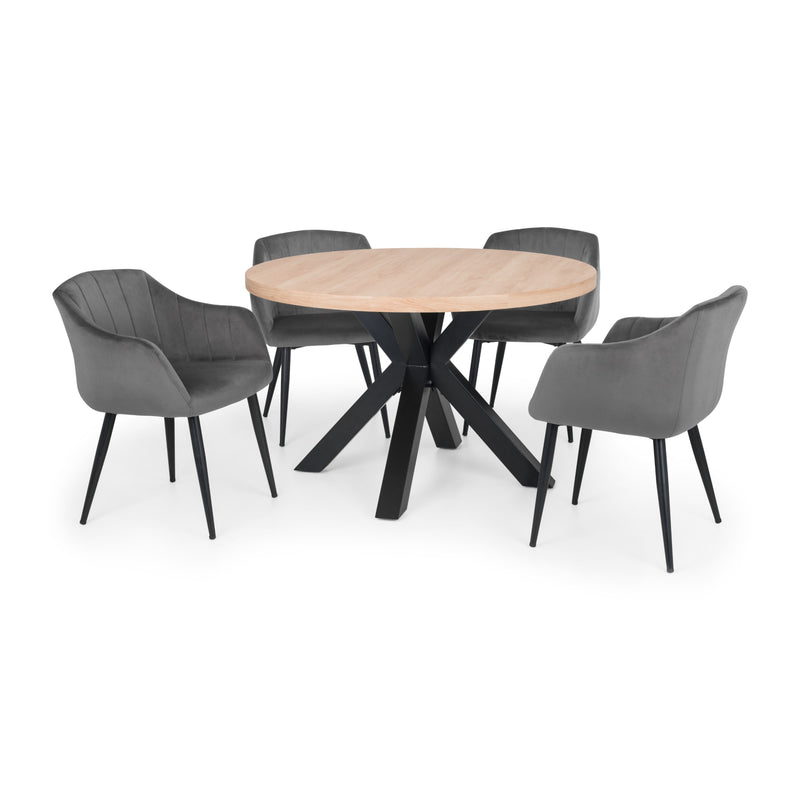 Round wooden table with four gray chairs on a white background