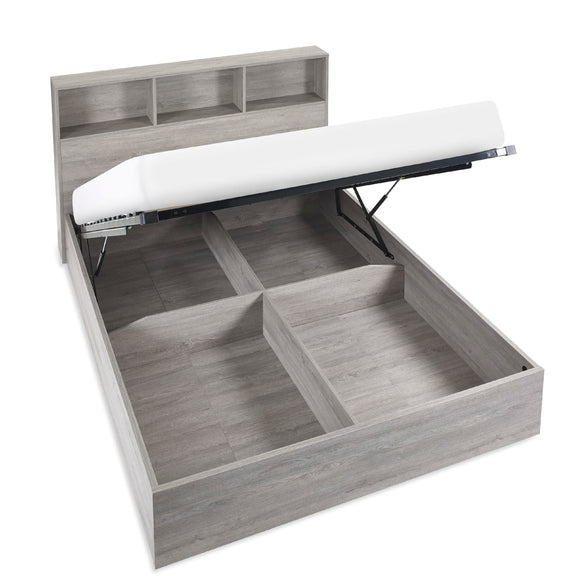 Gray wooden bed with storage drawers and a white mattress on a white background