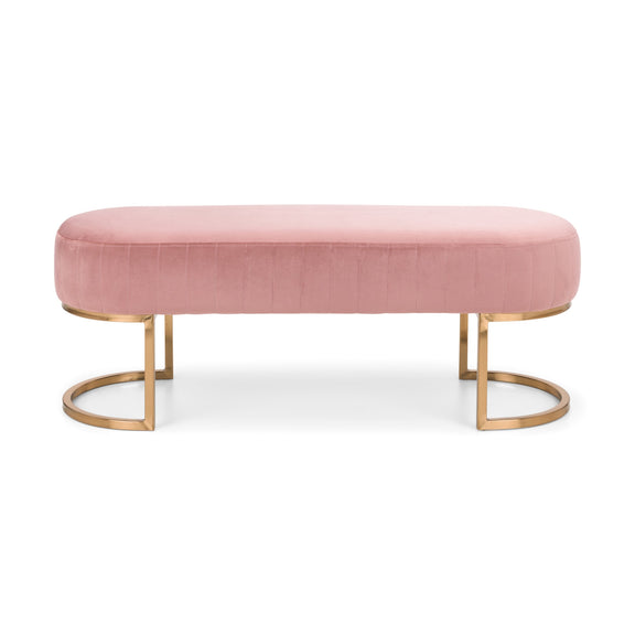 Pink ottoman with gold legs on a white background