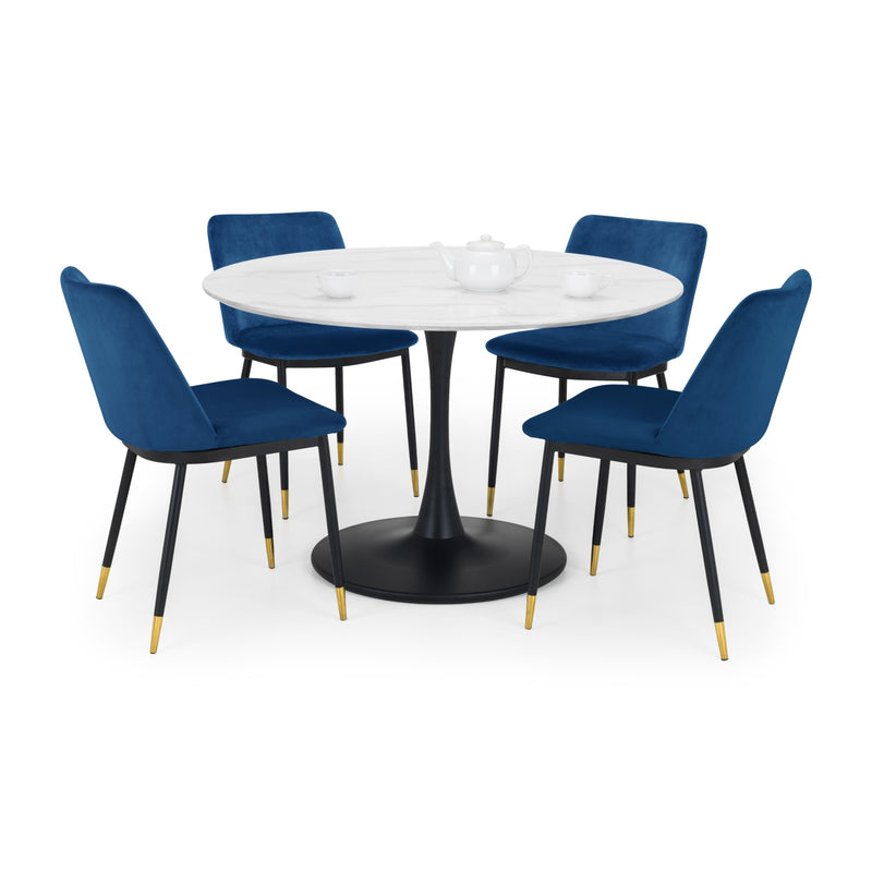 Round dining table with four blue chairs on a white background