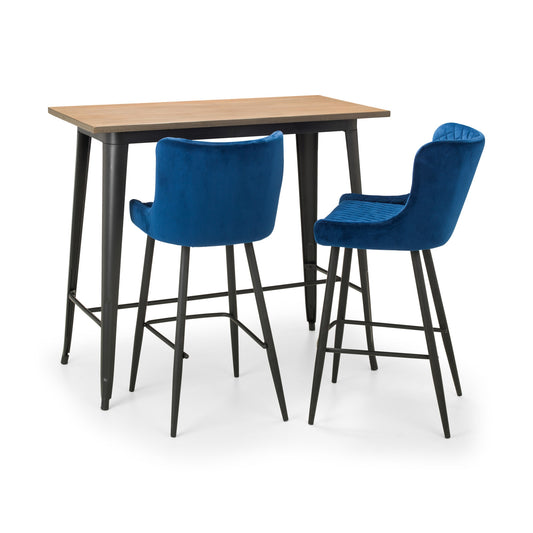 Wooden table with two blue bar stools on a white background