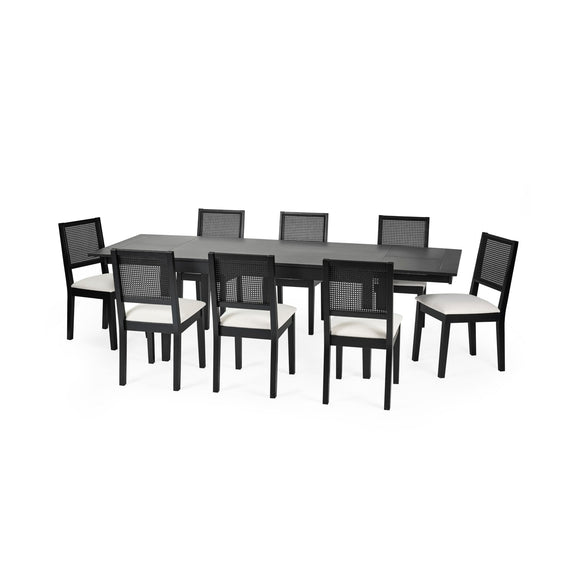 Outdoor dining set with a table and eight chairs on a white background