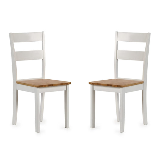 Two white chairs with wooden seats on a white background