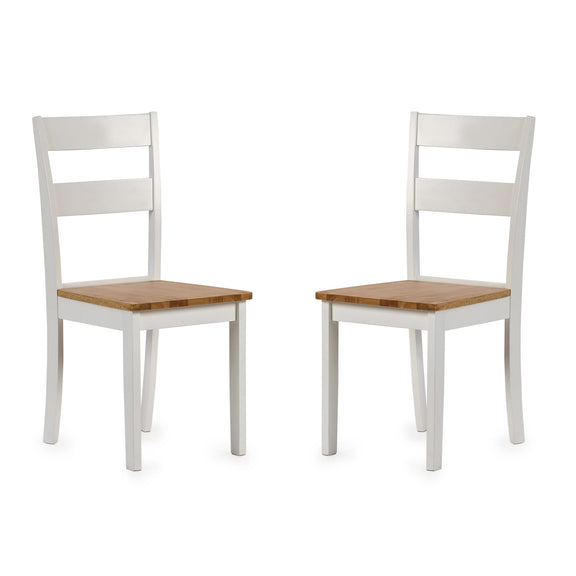 Two white chairs with wooden seats on a white background