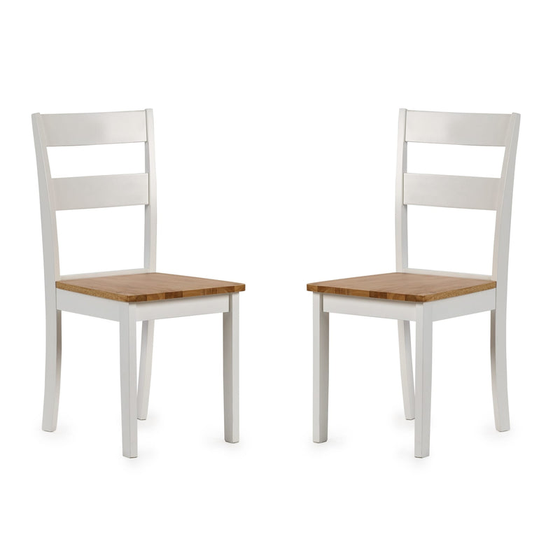 Two white chairs with wooden seats on a white background
