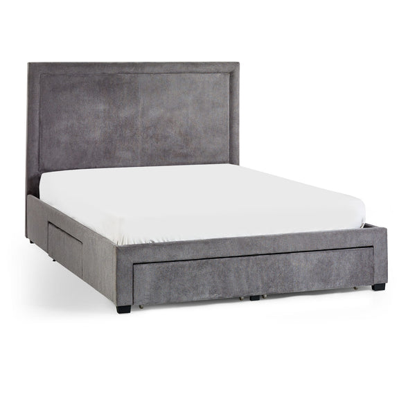 Gray upholstered bed with white mattress on a white background
