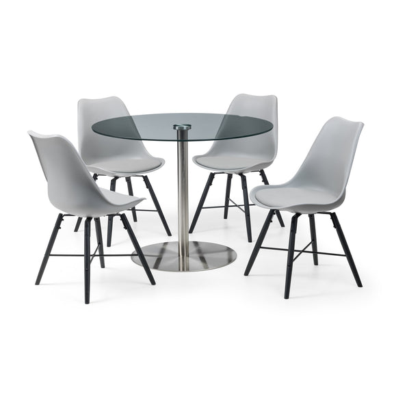 Dining table set with four chairs on a white background