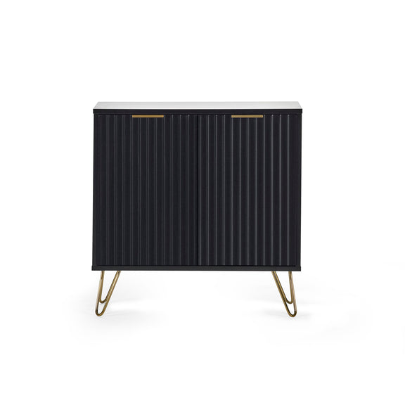 Black cabinet with gold handles and hairpin legs on a white background