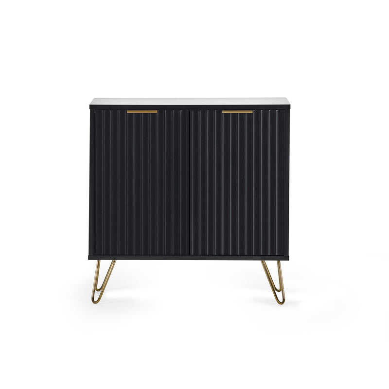 Black cabinet with gold handles and hairpin legs on a white background