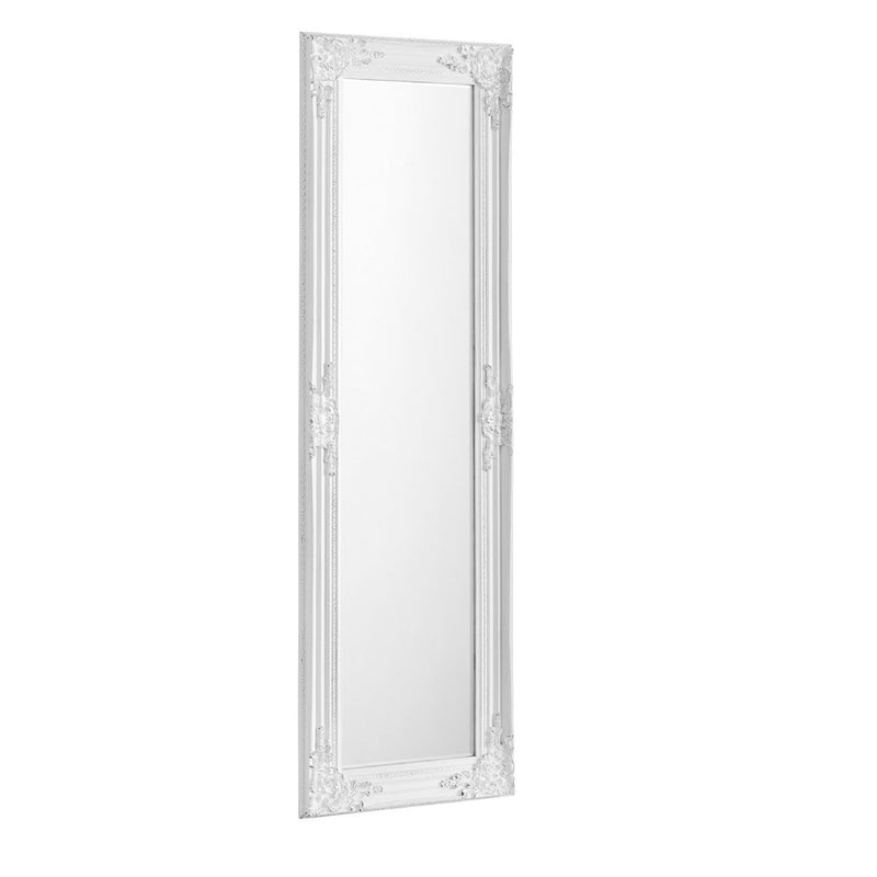 Decorative white framed mirror on a white background