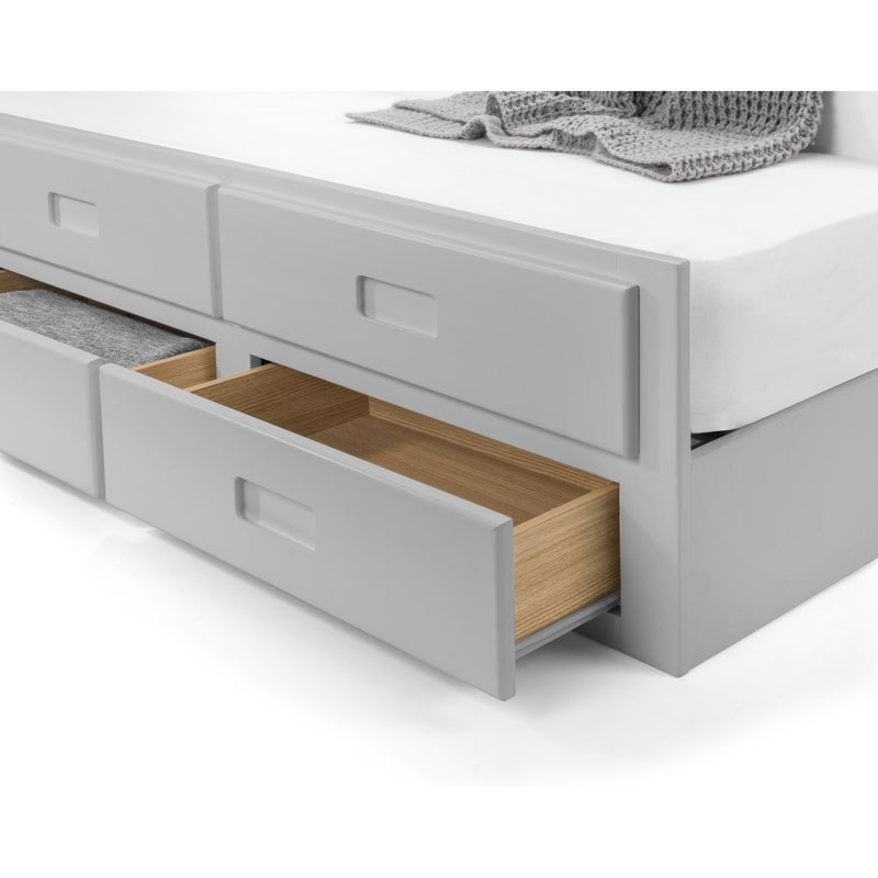 Gray bed with open drawers revealing wooden interior on a white background