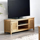 Wooden TV stand with a television mounted on it in a room.