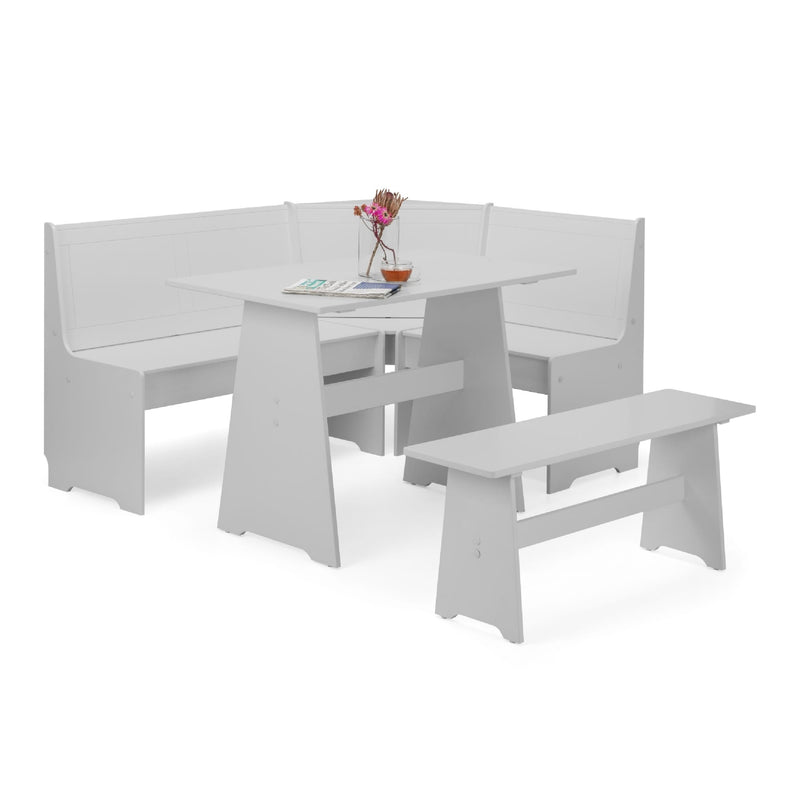 White dining set with bench and table on a white background