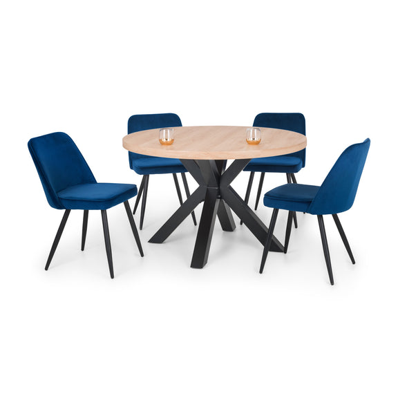Round wooden table with four blue chairs on a white background