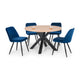 Round wooden table with four blue chairs on a white background
