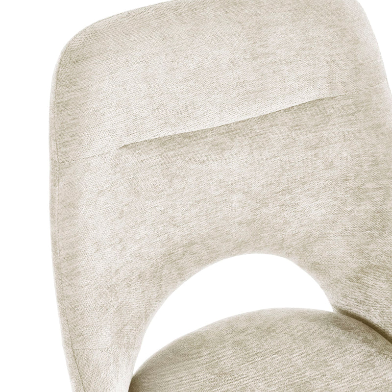 Close-up of a beige upholstered chair with a textured fabric finish on a white background