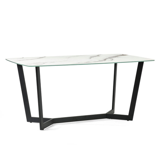 White dining table with black metal legs on a white background