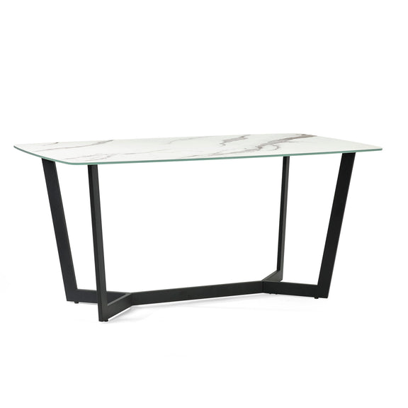 White dining table with black metal legs on a white background