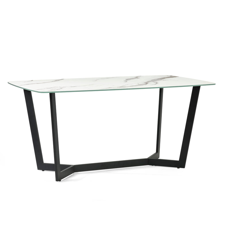 White dining table with black metal legs on a white background