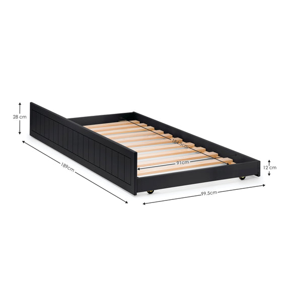 Black bed frame with wooden slats on a white background
