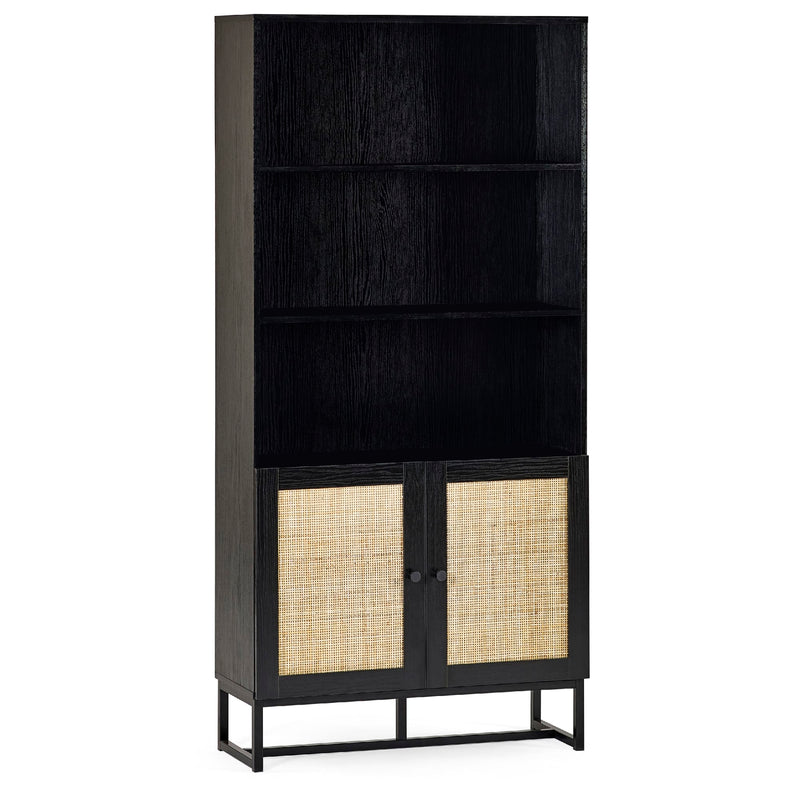 Black bookshelf with rattan doors on a white background