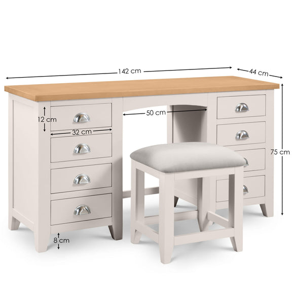 Wooden desk with measurements and a stool on a white background