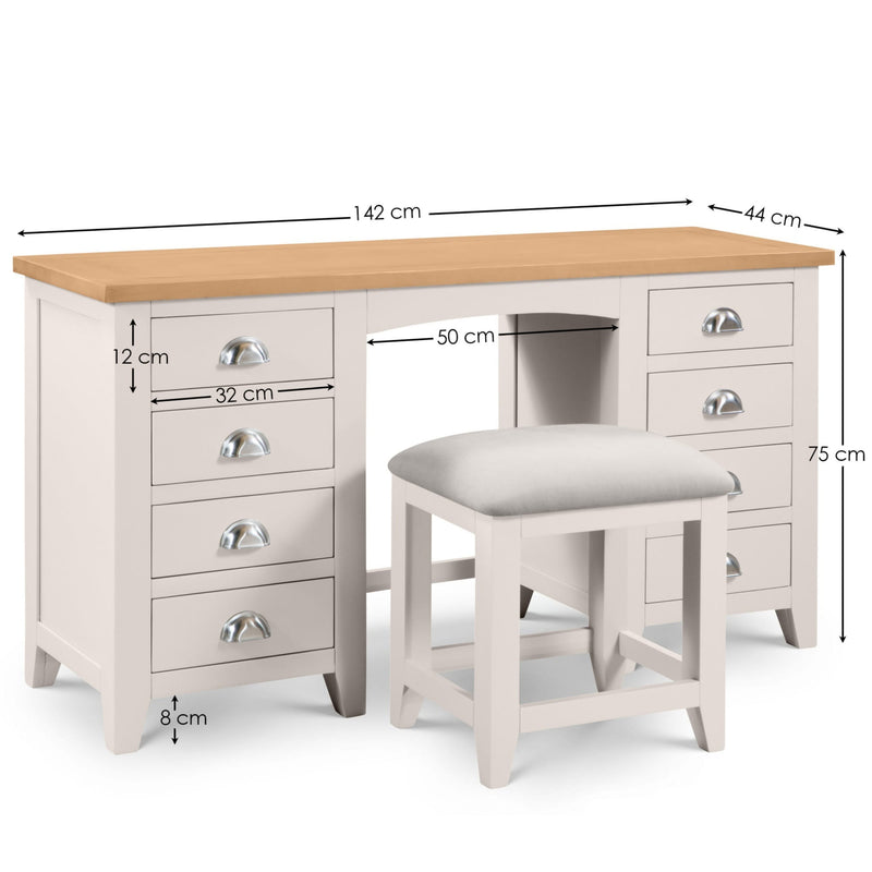 Wooden desk with measurements and a stool on a white background