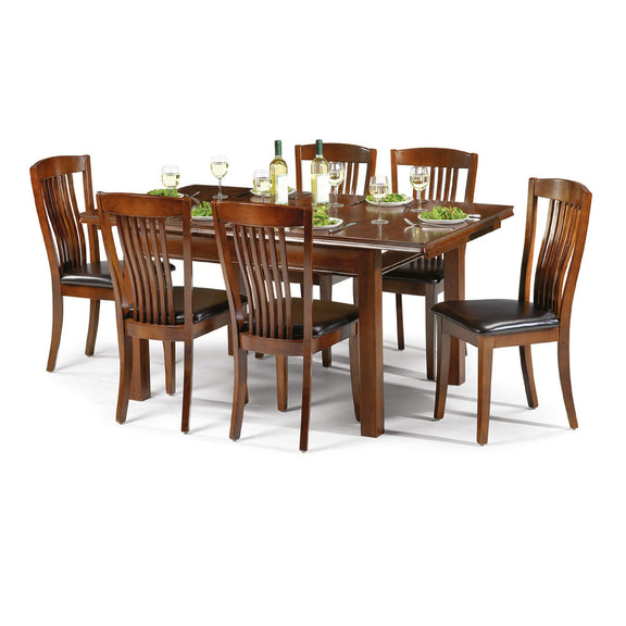 Wooden dining table set with chairs on a white background