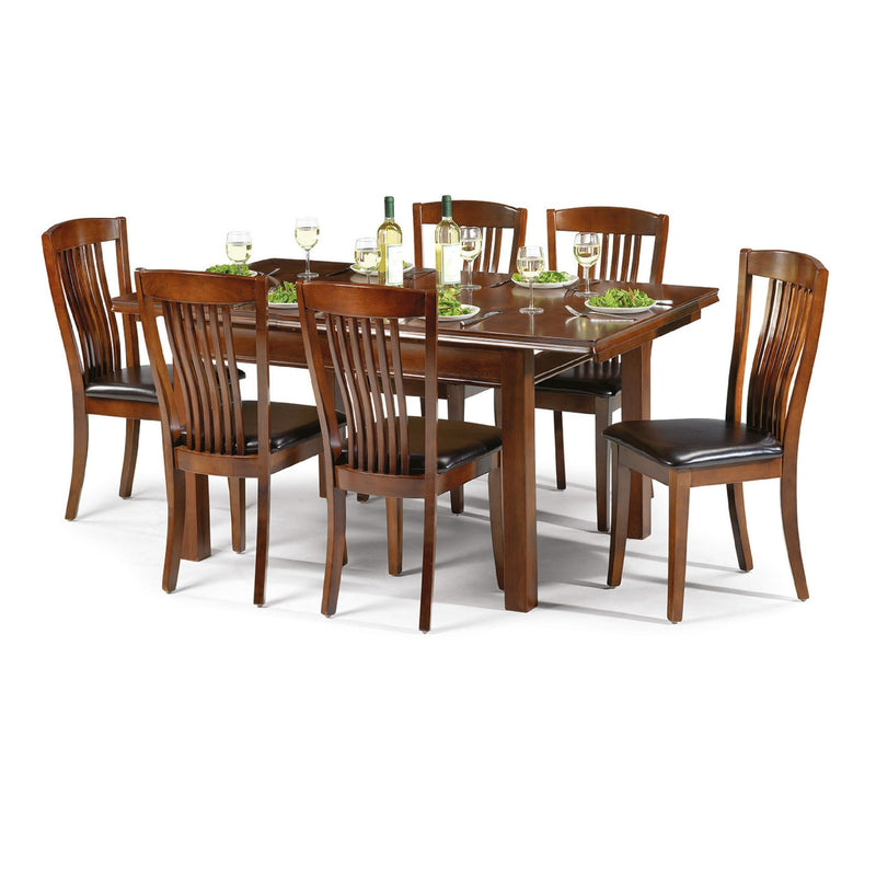 Wooden dining table set with chairs on a white background